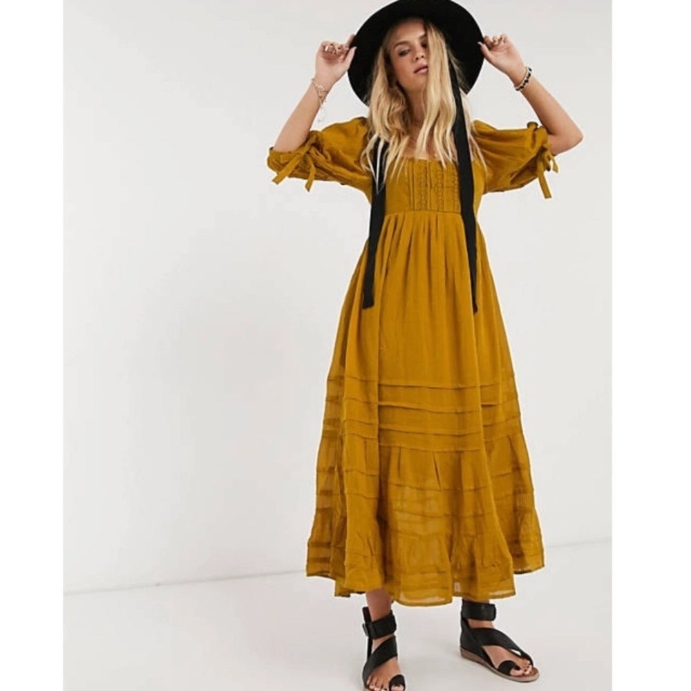 Free People Midi Dress Let's Be Friends Puff Sleeve Tiered Mustard Yellow M Boho